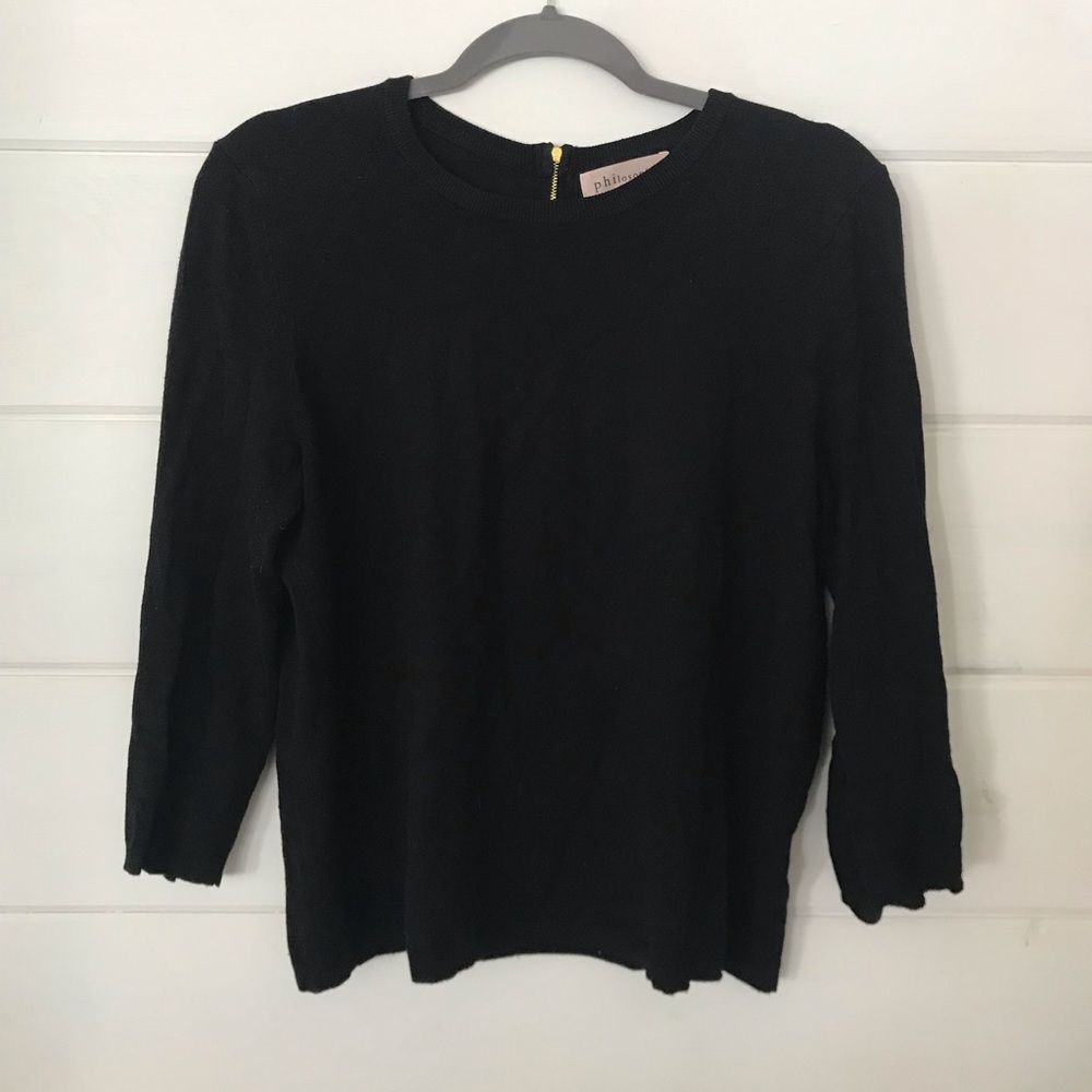 PHILOSOPHY Womens Crew Neck Sweater Black L. Back gold zipper.